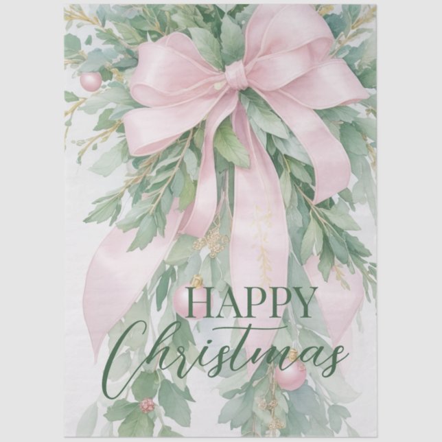 Papel De Seda Navidades Pink Satin Ribbon Holly Greenery (Anverso)
