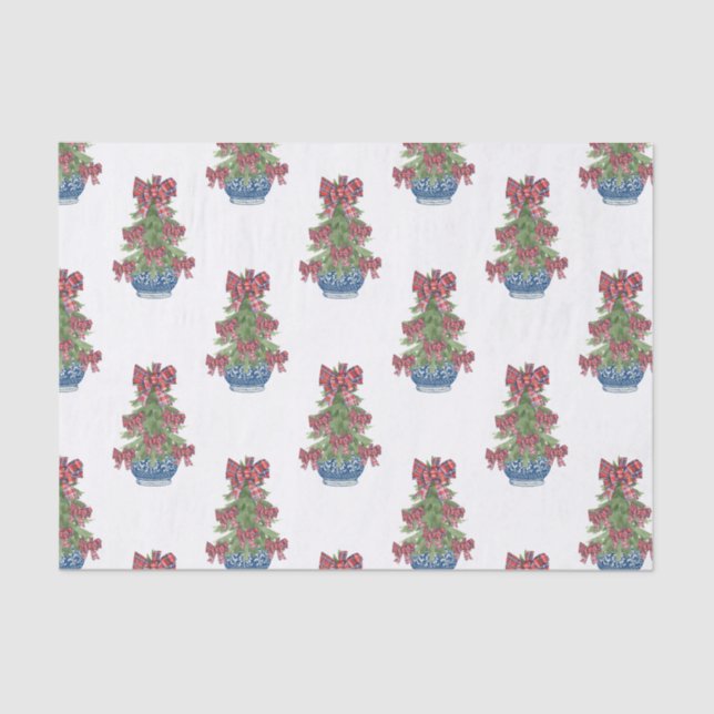 Papel De Seda Navidades Plaid Bow Chinoiserie Topiary Tree (Anverso)