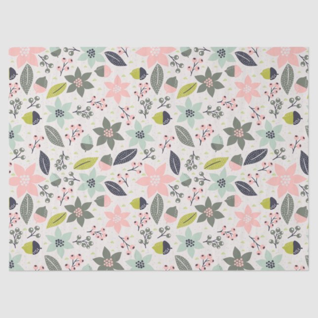 Papel De Seda Navidades Poinsettia Acorns Gray Aqua Lime Green (Anverso)