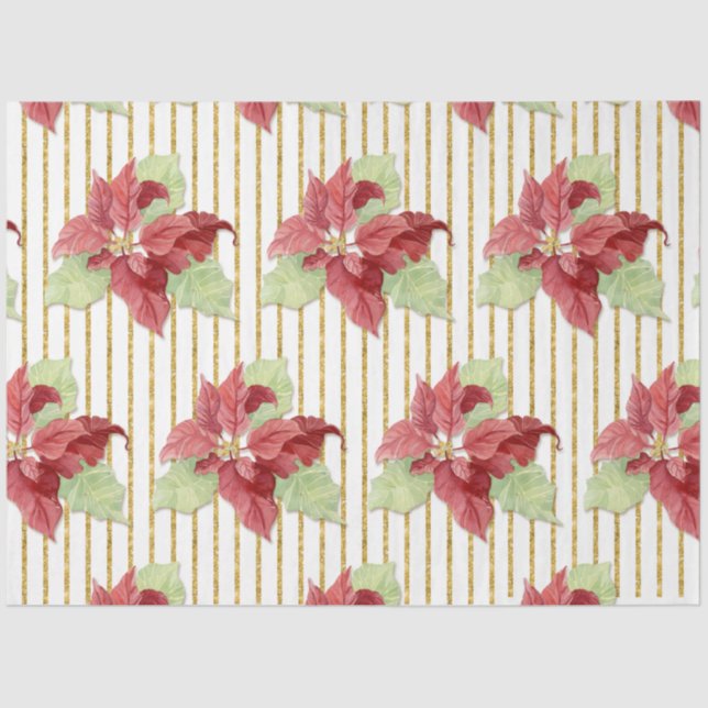 Papel De Seda Navidades Poinsettia Floral Gold Purpurina Stripe (Anverso)