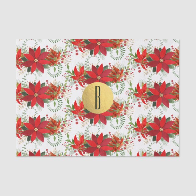 Papel De Seda Navidades Poinsettia Red Gold Holiday Floral (Anverso)