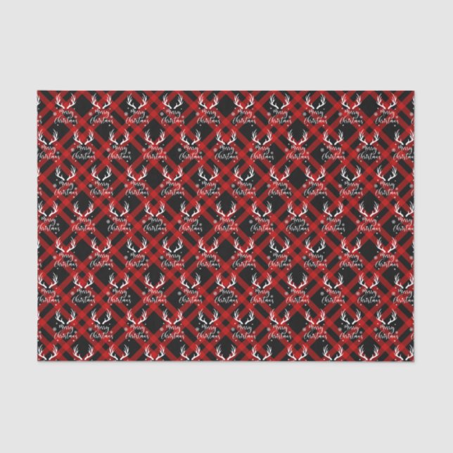 Papel De Seda Navidades Red Black Buffalo Plaid Deer Antlers (Anverso)