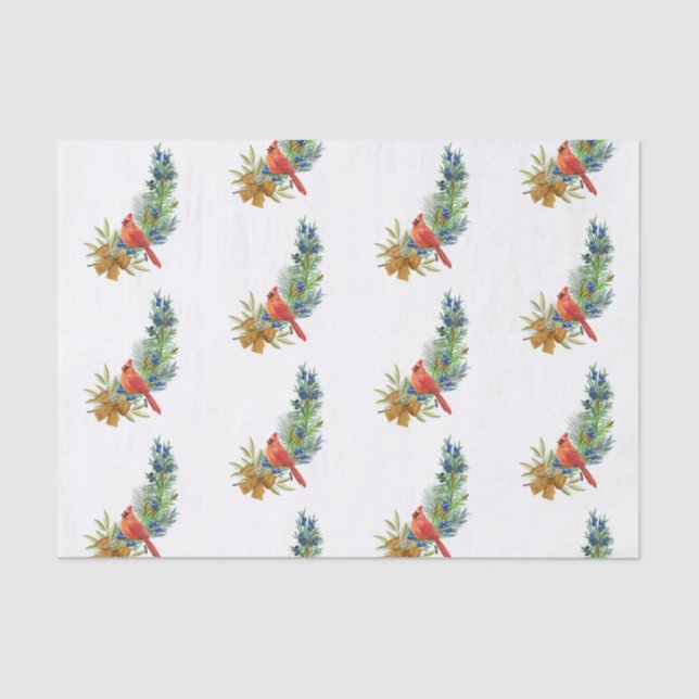 Papel De Seda Navidades Red Cardinal Blue Berries Watercolor (Anverso)