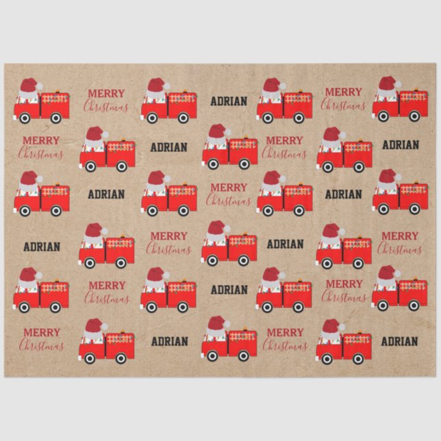 Papel De Seda Navidades Red Fire Truck Custom Name Kraft (Anverso)
