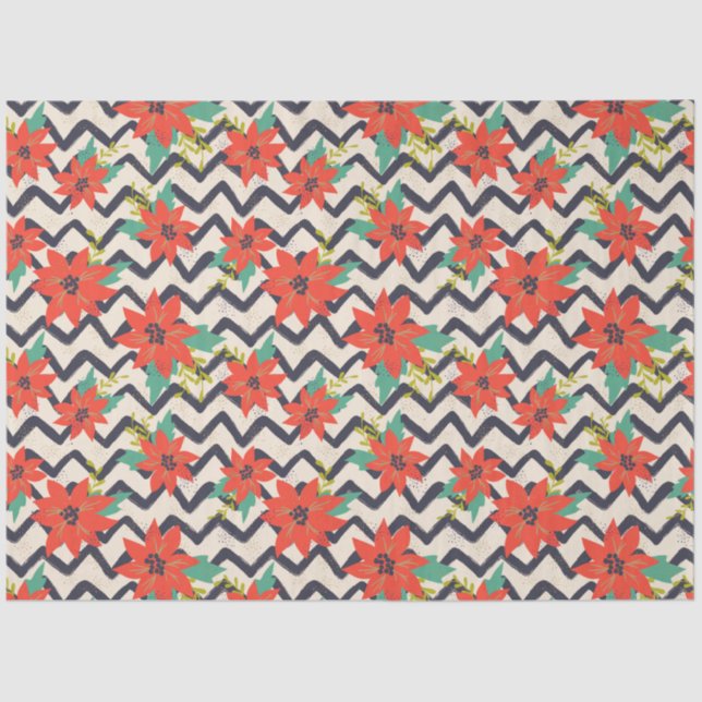 Papel De Seda Navidades Red Poinsettia Chevron Blanco y Negro (Anverso)