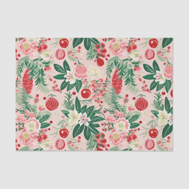 Papel De Seda Navidades Retro de Florales Verde Rosa (Anverso)