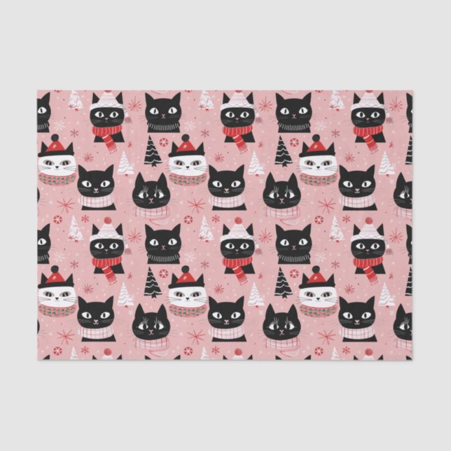 Papel De Seda Navidades retro divertidos gatos sobre rosa (Anverso)