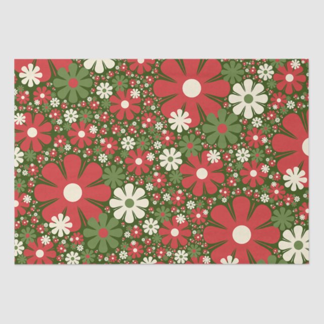 Papel De Seda Navidades Retro Patrón de fantasía floral Verde Ro (Anverso)