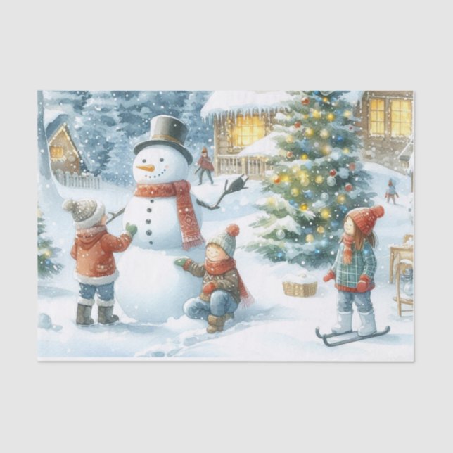 Papel De Seda Navidades retro Snowman y niños (Anverso)