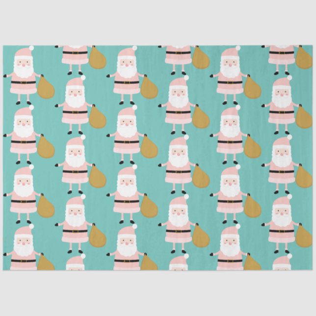 Papel De Seda Navidades rosados Santa Whimsical Patrón Verde azu (Anverso)