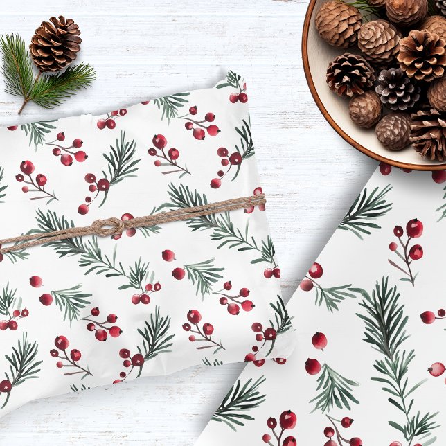 Papel De Seda Navidades rusos acuarela Pine Branch Berry (Rustic Christmas Watercolor Pine Branch Berry Tissue Paper)