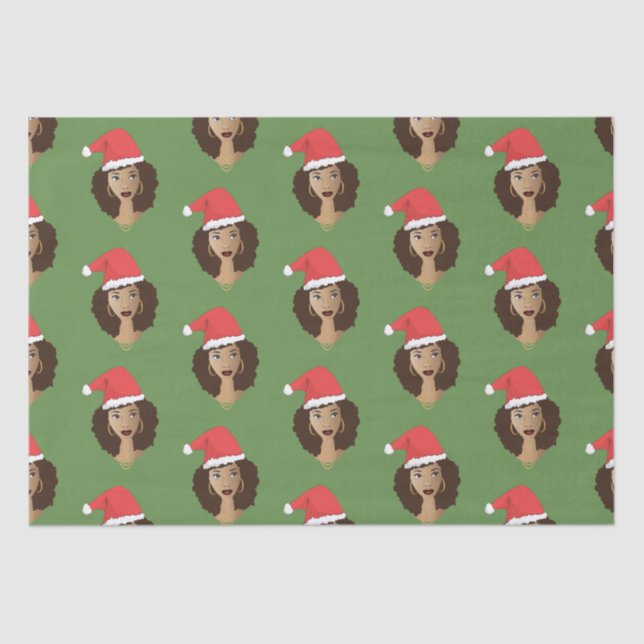 Papel De Seda Navidades Santa Hat, mujer negra, verde (Anverso)