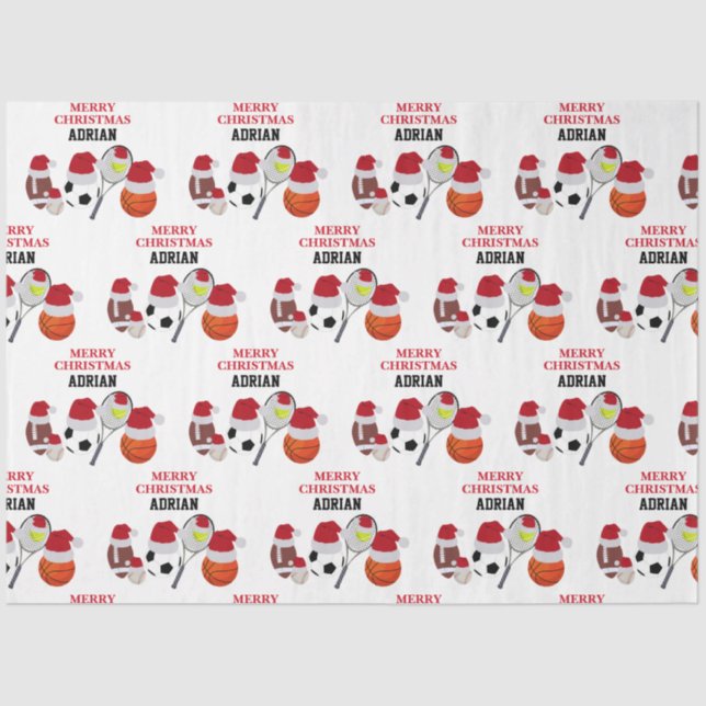 Papel De Seda Navidades Santa Sports Balls Nombre personalizado (Anverso)