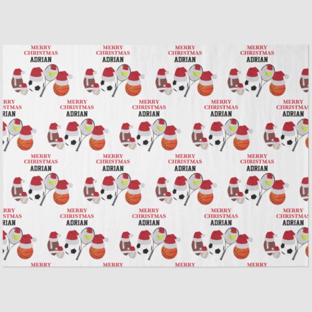 Papel De Seda Navidades Santa Sports Balls Nombre personalizado (Anverso)