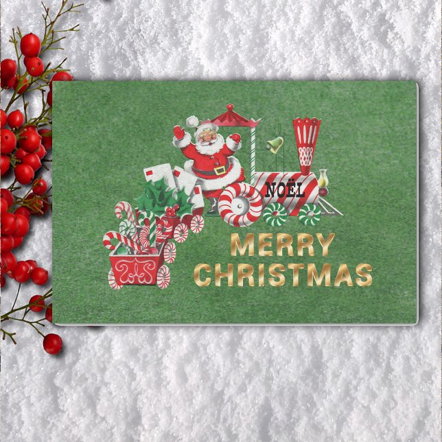 Papel De Seda Navidades Tren Ruedas de Peppermint Santa Letters (Santa on peppermint candy train with letters on Merry Christmas green tissue paper.)