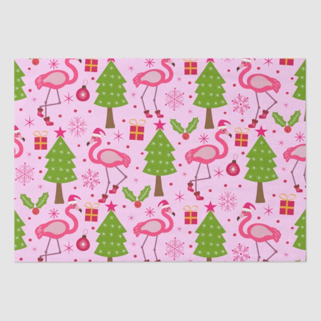 Papel De Seda Navidades tropicales flamenco con pino en rosa (Anverso)