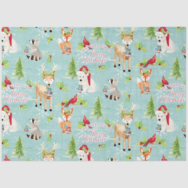 Papel De Seda Navidades Woodland Deer Bear Animales Rojo y Azul (Anverso)