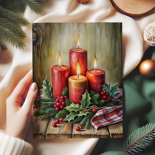 Papel de seda navideño rústico velas rojas acebo (Rustic Christmas tissue paper red candles and holly

)