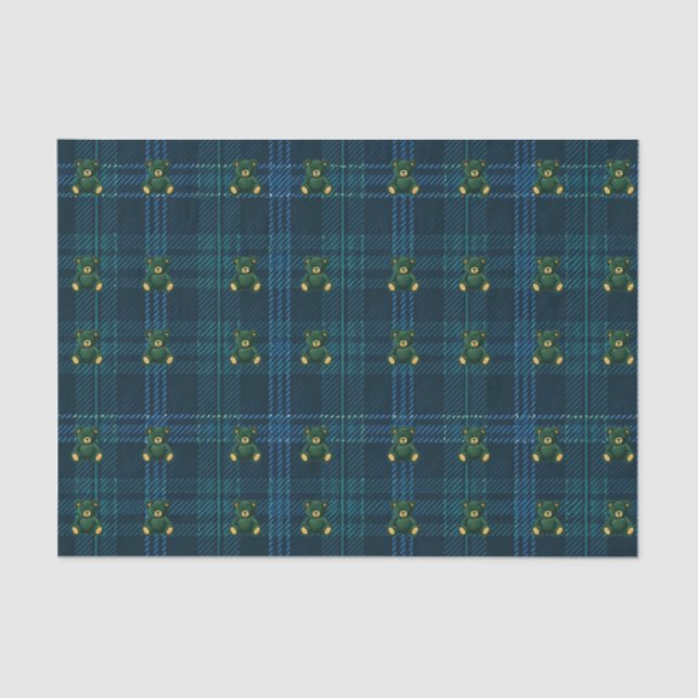 Papel De Seda Navy Blue and Green Teddy Tartan Tissue Paper (Anverso)