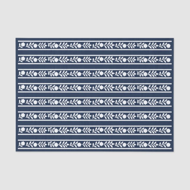 Papel De Seda Navy Blue Bone Inlay Floral Border Decoupage Paper (Anverso)