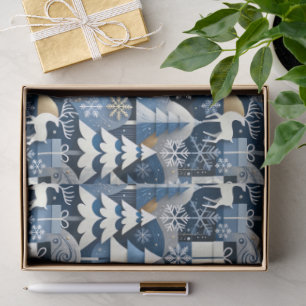 Papel De Seda Navy Blue Gold Nordic Christmas Forest Pattern