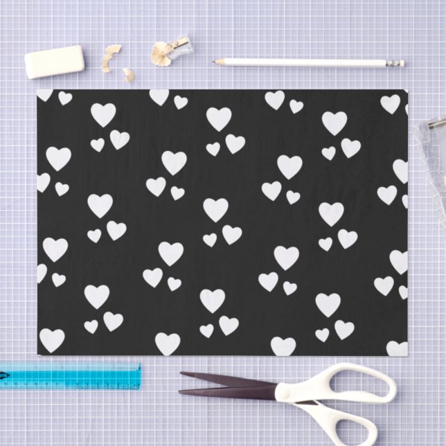 Papel De Seda Negro con corazones blancos (Artesanía)