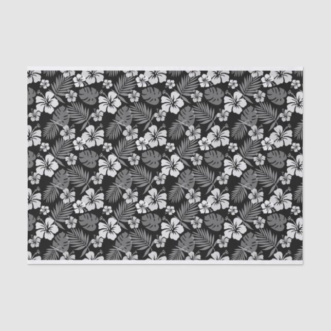 PAPEL DE SEDA NEGRO CON FLORES DE HIBISCO BLANCO TROPICAL (Anverso)
