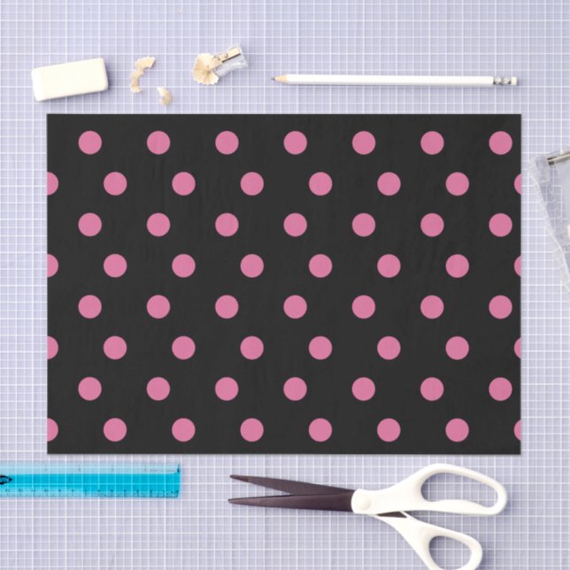 Papel De Seda Negro con puntos rosados de polka (Artesanía)