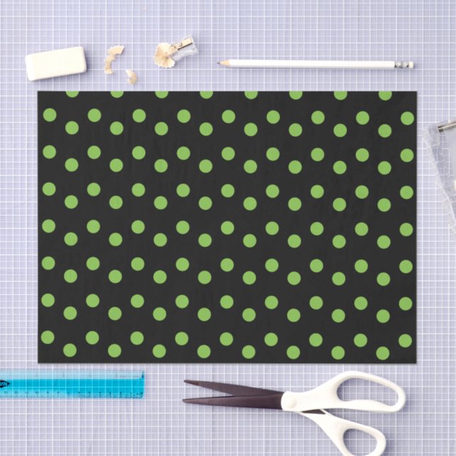 Papel De Seda Negro con puntos verdes de polka (Artesanía)