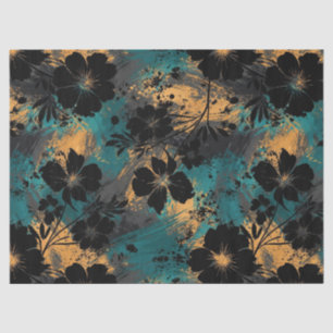 Papel De Seda Negro Floral Silueta en Negrita con Verde Azulado