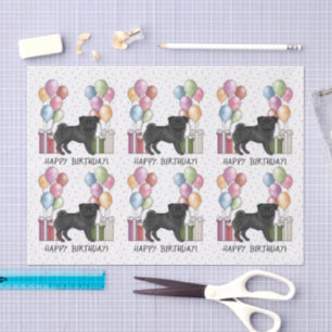 Papel De Seda Negro Pug Perro Colorido Pastel Feliz Cumpleaños