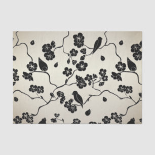 Papel De Seda Negro sobre las aves del patrón de bronce y florec