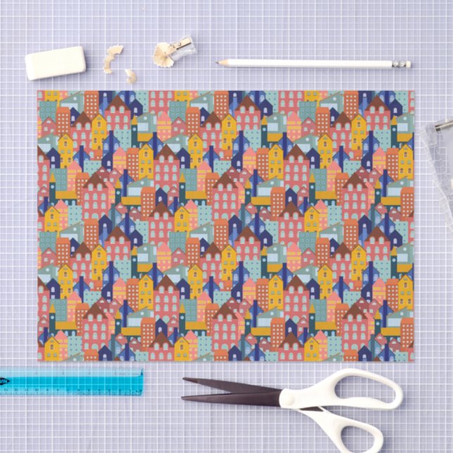 Papel De Seda Neighborhood Block City Houses Pattern (Artesanía)