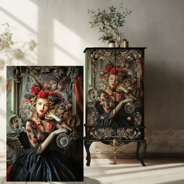 Papel De Seda Neo Victoriano Gótico Oscuro Elegancia Retrato Art (Neo Victorian Gothic Beauty, Historical Costumed Woman, Dark Elegance, Red Highlights, Decoupage.)