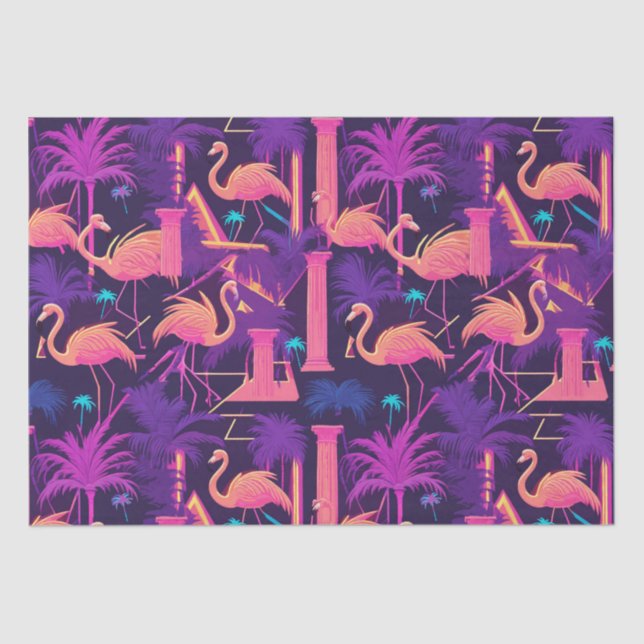 Papel De Seda Neon Flamingo Palm Trees Vaporwave Estético (Anverso)