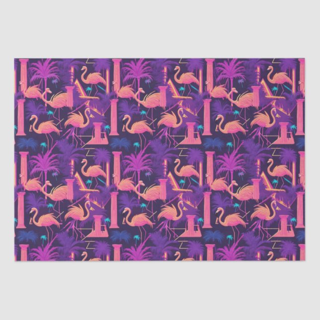 Papel De Seda Neon Flamingo Palm Trees Vaporwave Estético (Anverso)