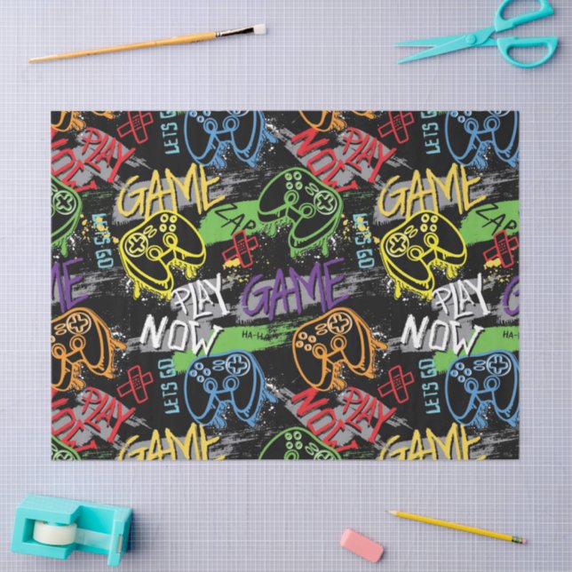 Papel De Seda Neon Graffiti Gaming Pattern (Artesanía)