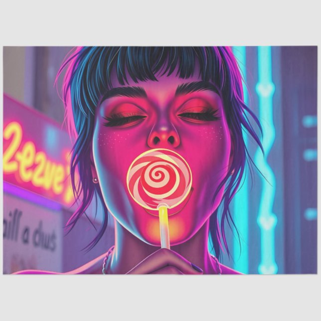 Papel De Seda Neon Lollipop Pop Art – Cyberpunk Candy Girl  (Anverso)