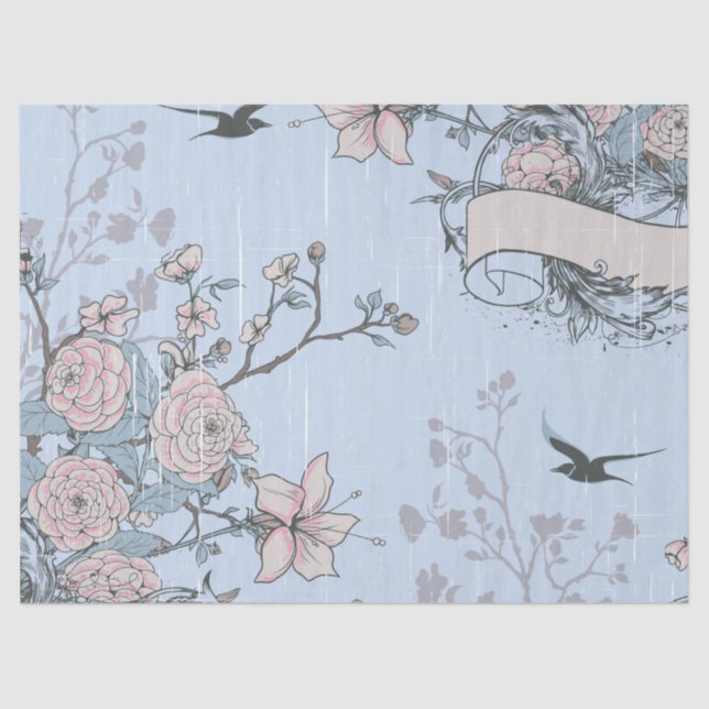 Papel De Seda Nieves rosadas de estilo asiático y Rosas sobre az (Anverso)