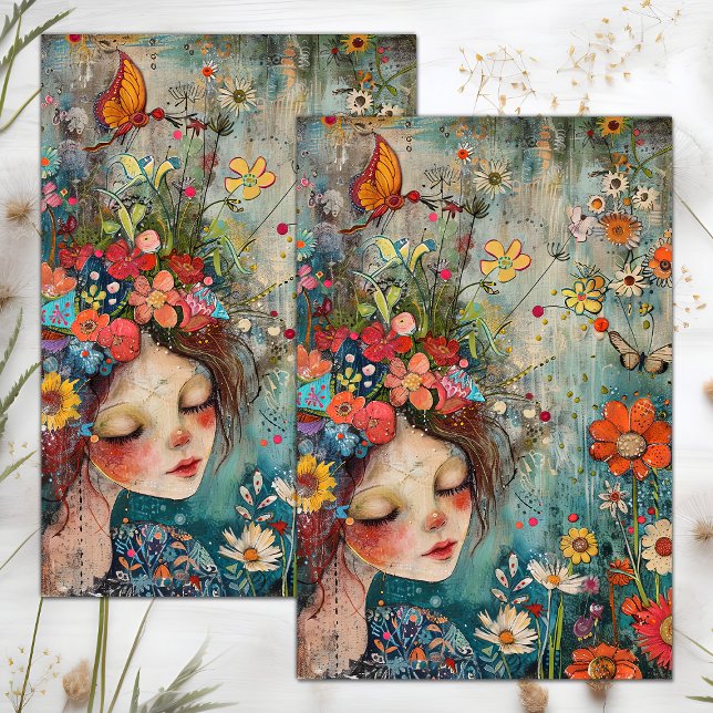 PAPEL DE SEDA NIÑA DE LAS FLORES BOHO DECOUPAGE (BOHO FLOWER GIRL DECOUPAGE TISSUE PAPER)