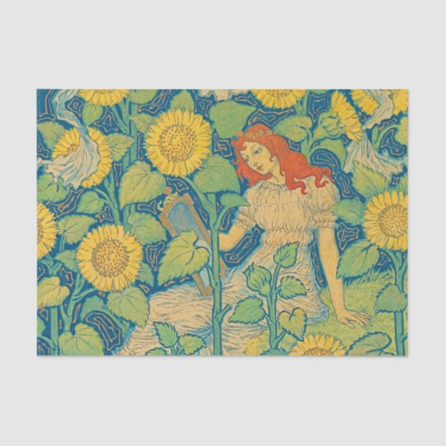 Papel De Seda Niña flor en jardín de girasol (Anverso)