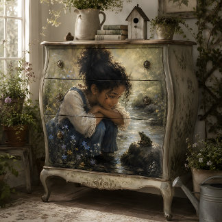 Papel De Seda Niña pequeña viendo rana junto al arroyo