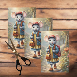 Papel De Seda Niña ratón adorable camino a la escuela