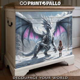 Papel De Seda Niñito chica y dragón gigante en un reino de nieve