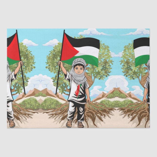 Papel De Seda Niño con bandera palestina de Keffiyeh y olivo (Anverso)