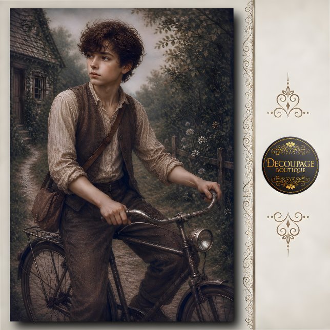 Papel De Seda Niño con bicicleta vintage decoupage (Boy with Vintage Bicycle Decoupage Tissue Paper)