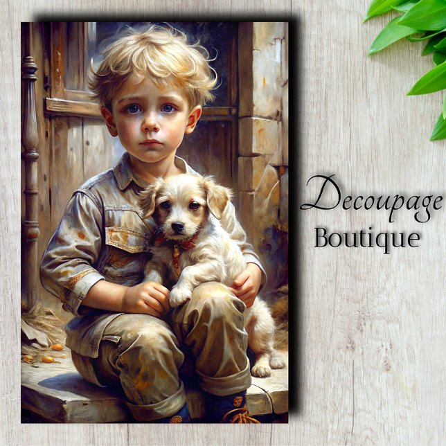 Papel De Seda Niño con desenlace de cachorros (Boy With Puppy Decoupage Tissue Paper)