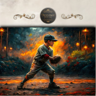 Papel De Seda Niño de béisbol Escena de luz de fogata Decoupage