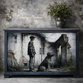 Papel De Seda Niño y Perro Leal en Ruinas Azul Gris Decoupage