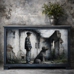 Papel De Seda Niño y Perro Leal en Ruinas Azul Gris Decoupage